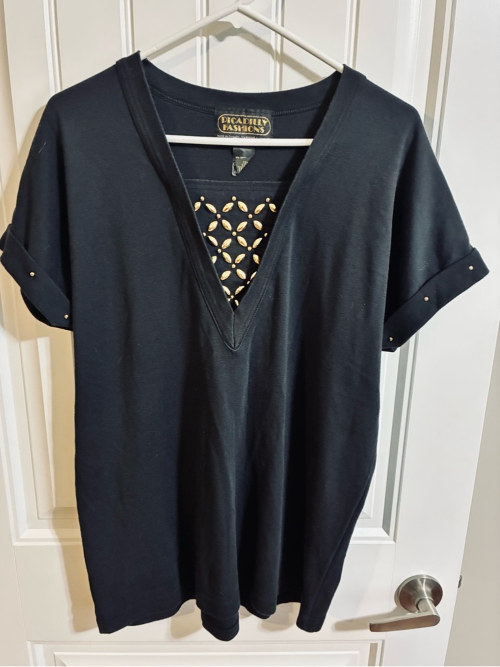 Picadilly Fashion Black V-Neck Top with Gold Stud Inset